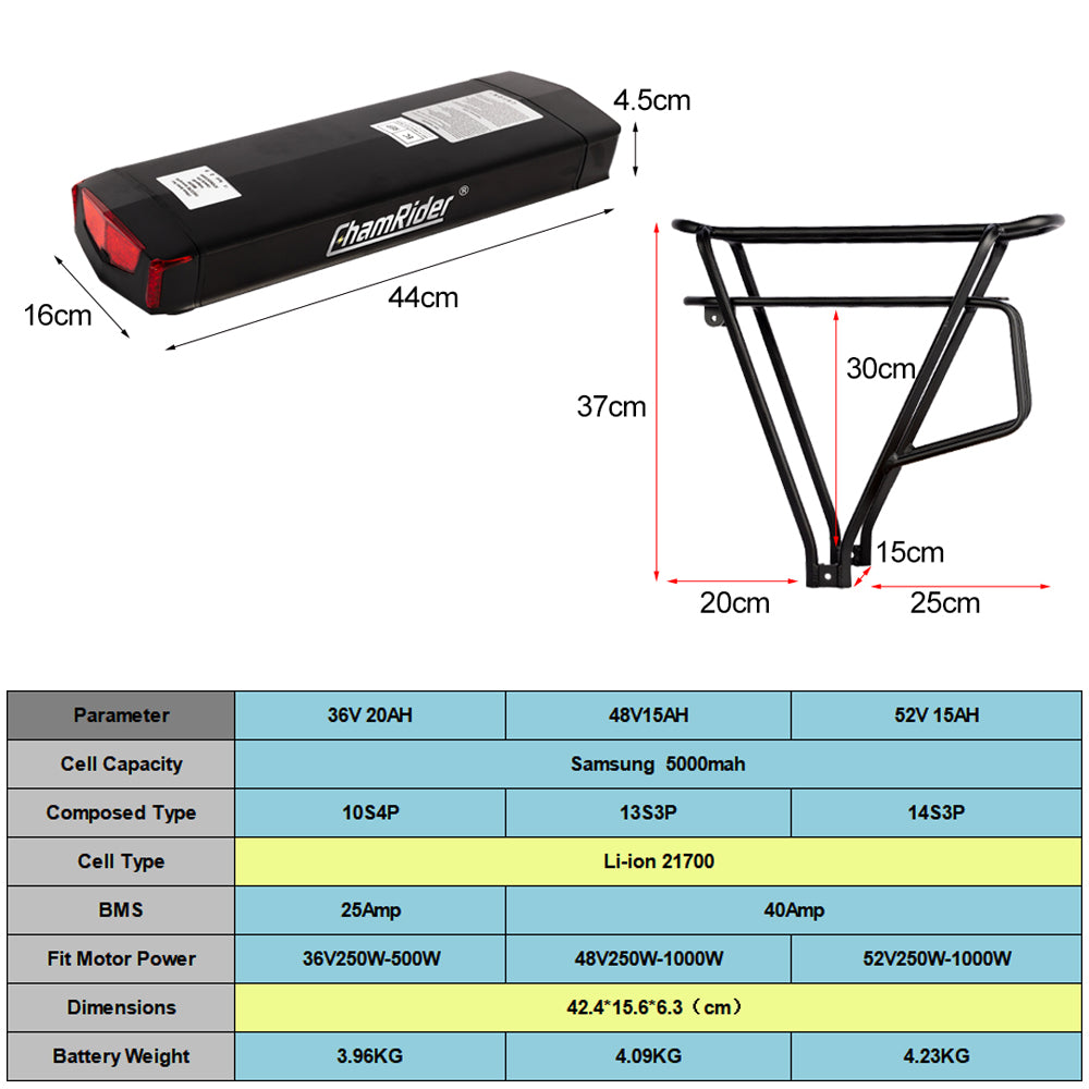 ChamRider Extended Rear Rack E-Bike Battery Model C – 36V, 48V & 52V, 15Ah & 20Ah Samsung 50G Cells, Lithium-Ion Battery Pack Compatible with Bafang Motors