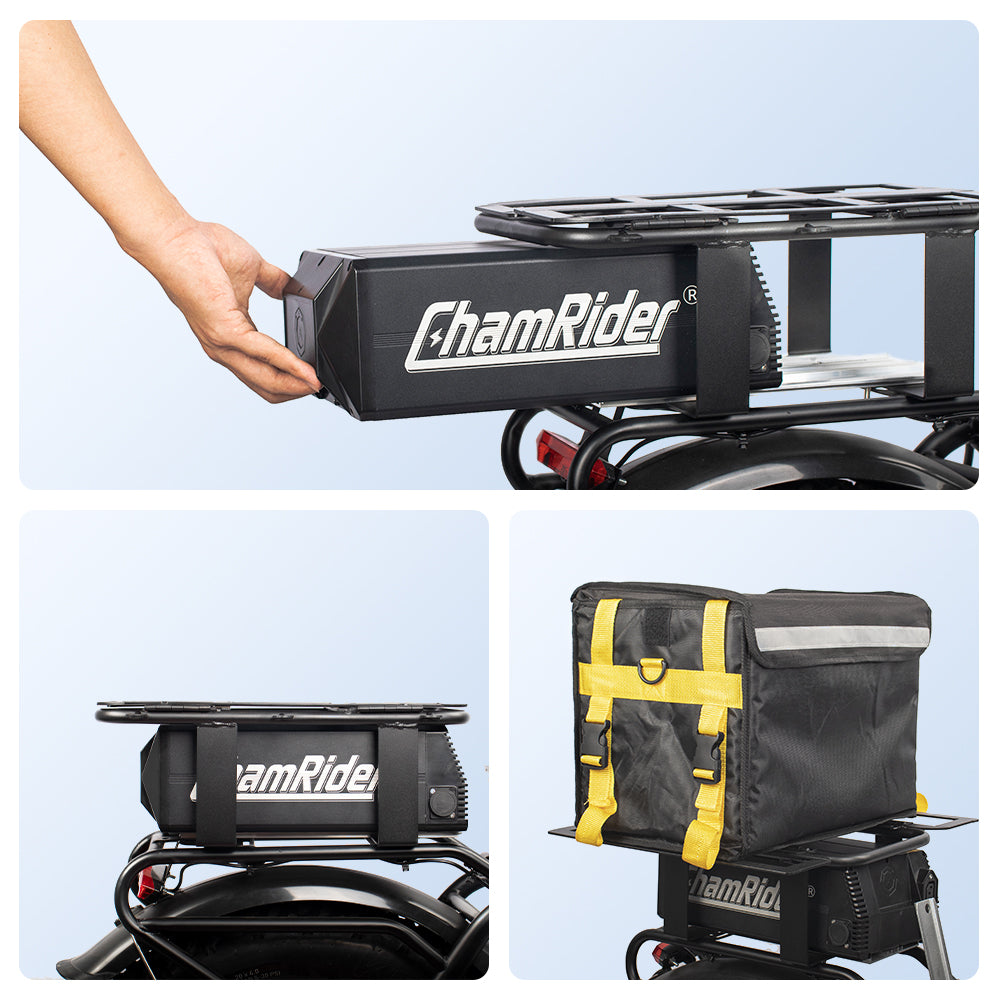 ChamRider High-Capacity 48V 36Ah Rear Rack Battery – Lightweight Polymer Cell Design, 40A BMS, Economical Extra/Spare Power for Delivery E-Bikes (13S1P)