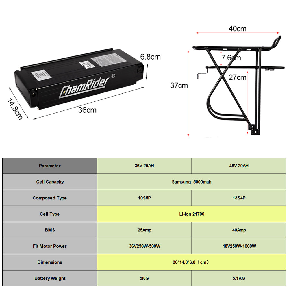 ChamRider Lightweight Rear Rack E-Bike Battery Model 106 – 36V & 48V, 20Ah & 25Ah, Compatible with 350W, 750W & 1500W Motors, 18650 & 21700 Cells, European Certified, Bafang Compatible