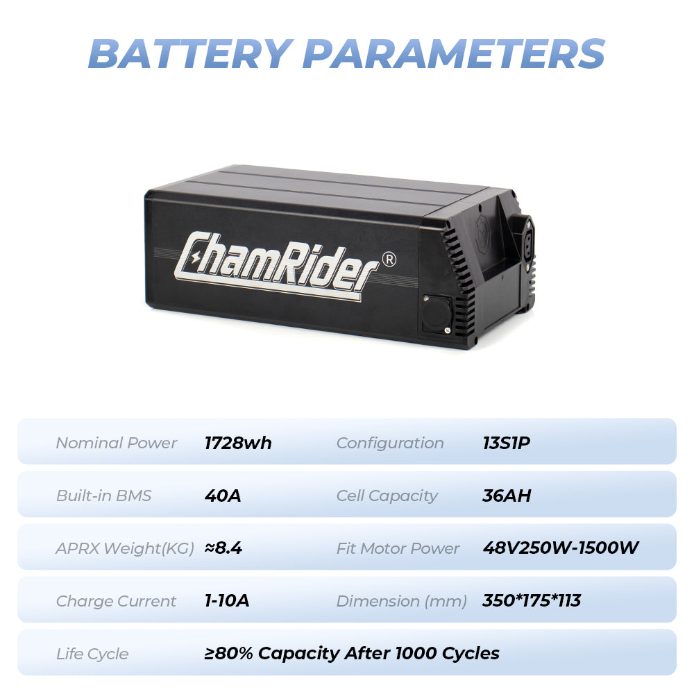 ChamRider High-Capacity 48V 36Ah Rear Rack Battery – Lightweight Polymer Cell Design, 40A BMS, Economical Extra/Spare Power for Delivery E-Bikes (13S1P)