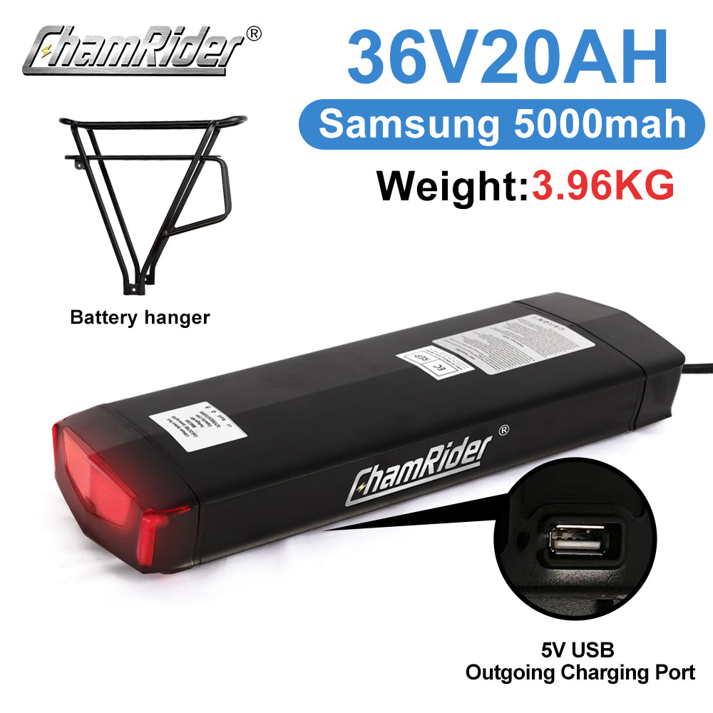 ChamRider Extended Rear Rack E-Bike Battery Model C – 36V, 48V & 52V, 15Ah & 20Ah Samsung 50G Cells, Lithium-Ion Battery Pack Compatible with Bafang Motors