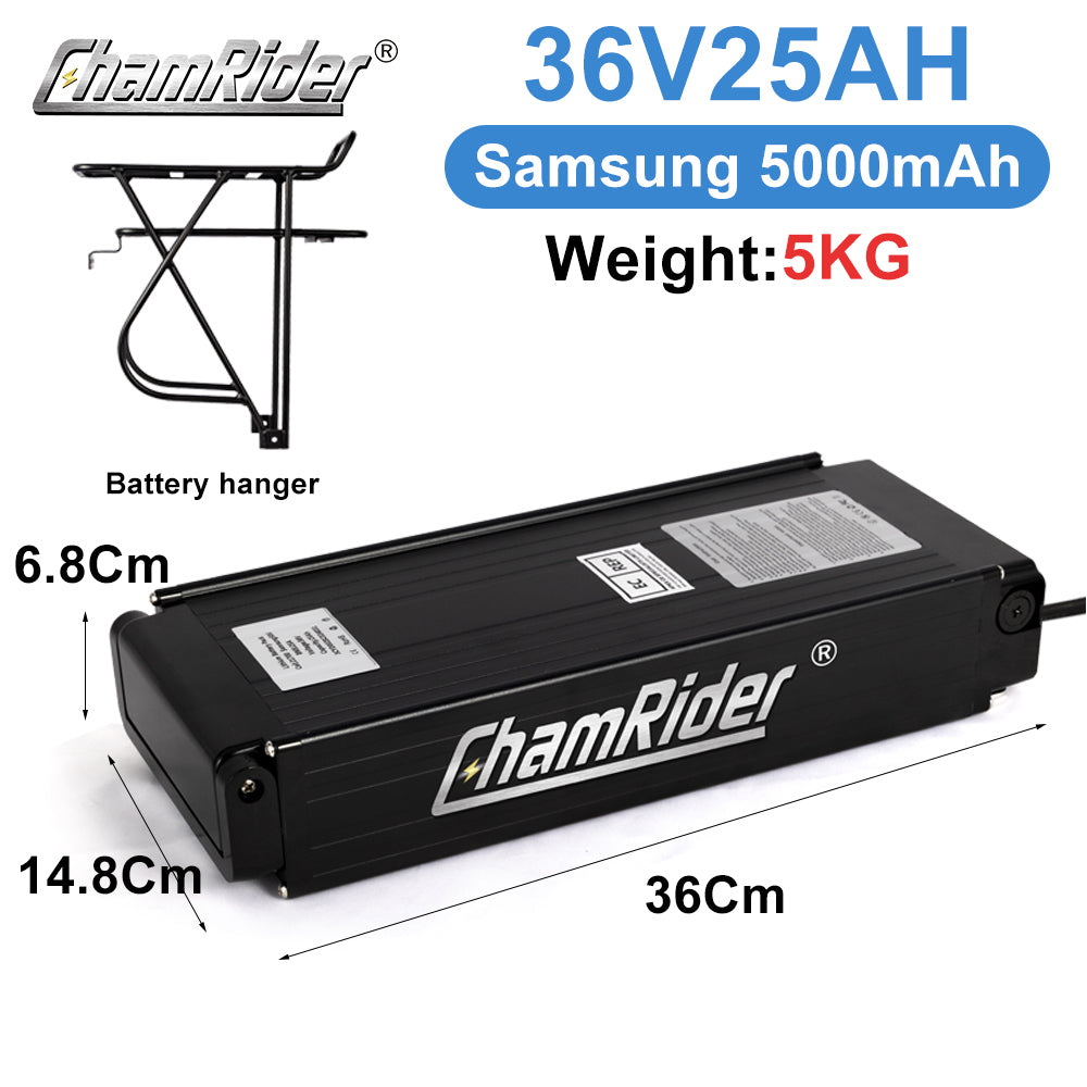 ChamRider Lightweight Rear Rack E-Bike Battery Model 106 – 36V & 48V, 20Ah & 25Ah, Compatible with 350W, 750W & 1500W Motors, 18650 & 21700 Cells, European Certified, Bafang Compatible