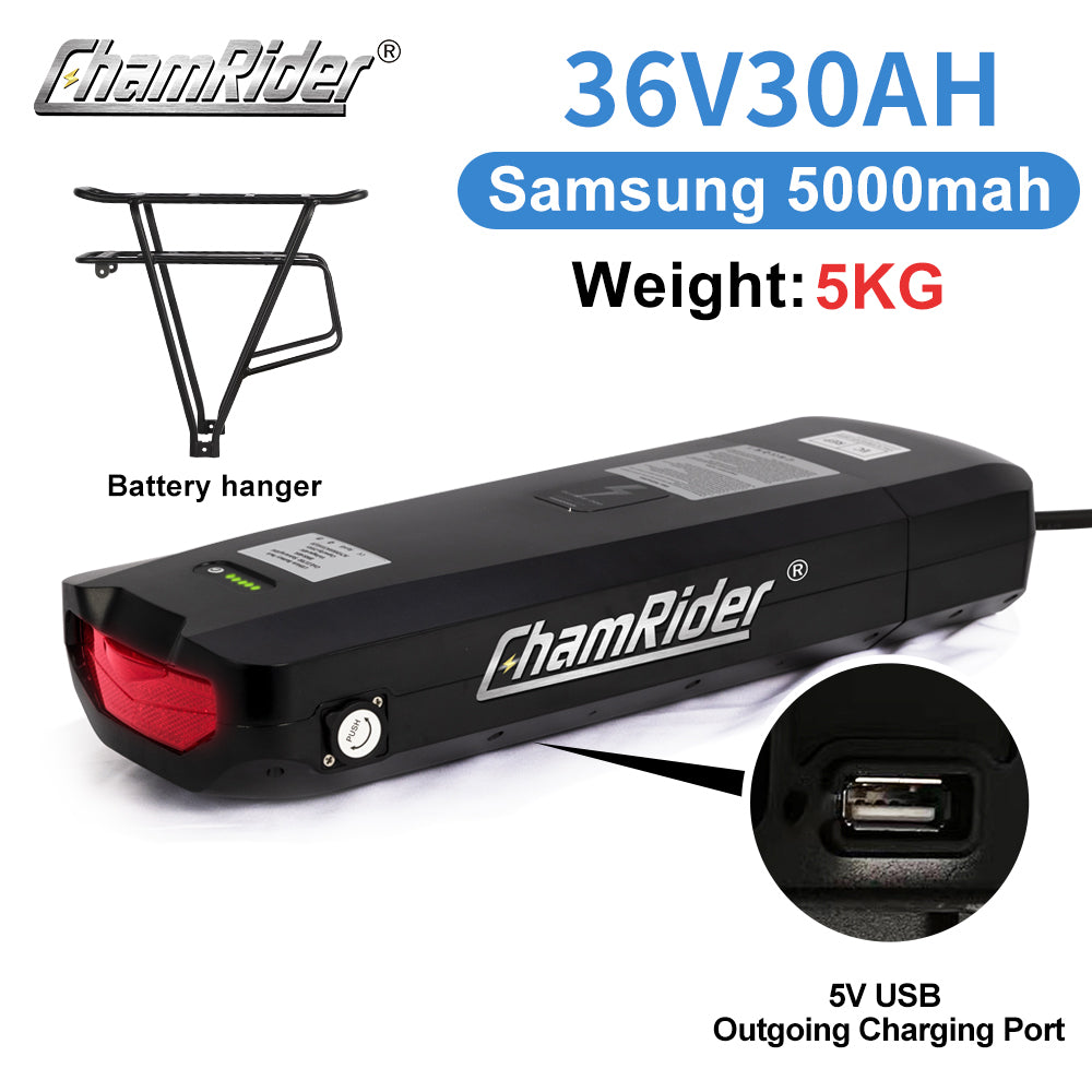 Original ChamRider Rear Rack E-Bike Battery – 36V, 48V & 52V, 25Ah-35Ah Capacity, Compatible with 300W-1500W Motors, 25A & 40A BMS, Powerful Battery for Bafang and More