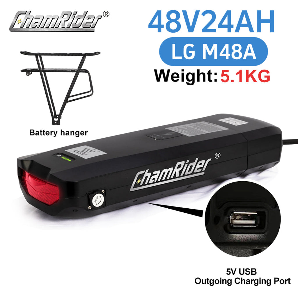 Original ChamRider Rear Rack E-Bike Battery – 36V, 48V & 52V, 25Ah-35Ah Capacity, Compatible with 300W-1500W Motors, 25A & 40A BMS, Powerful Battery for Bafang and More