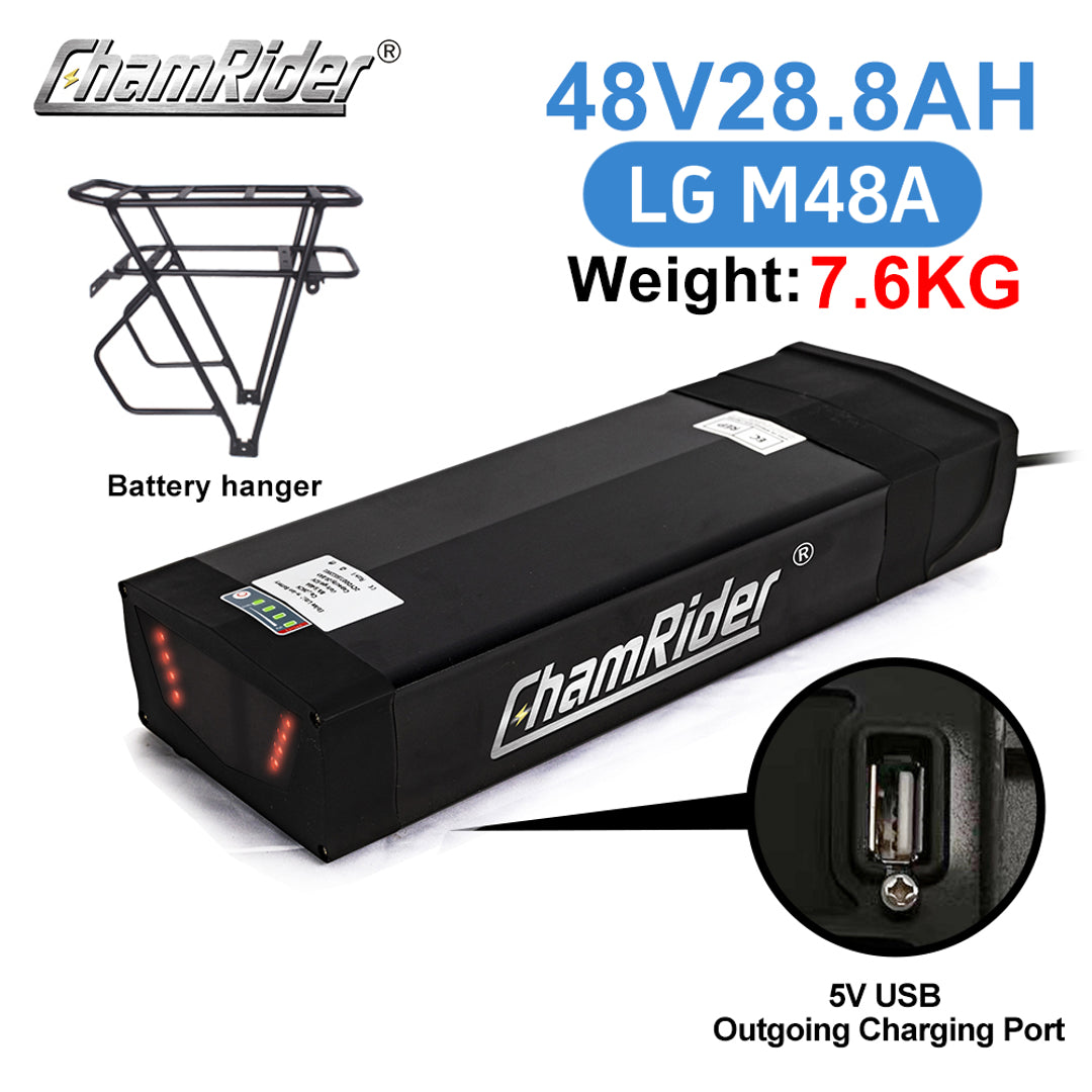 Original ChamRider Rear Rack E-Bike Battery – 36V, 48V & 52V, 25Ah-35Ah Capacity, Compatible with 300W-1500W Motors, 25A & 40A BMS, High-Performance Battery for Bafang and More.