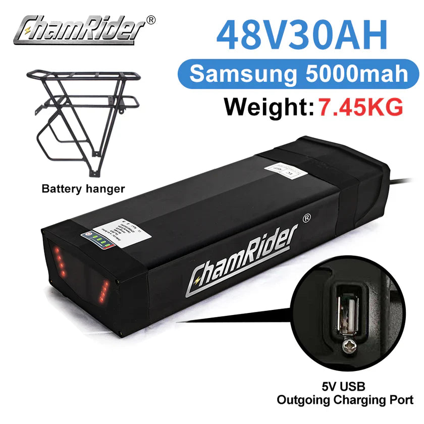 Original ChamRider Rear Rack E-Bike Battery – 36V, 48V & 52V, 25Ah-35Ah Capacity, Compatible with 300W-1500W Motors, 25A & 40A BMS, High-Performance Battery for Bafang and More.