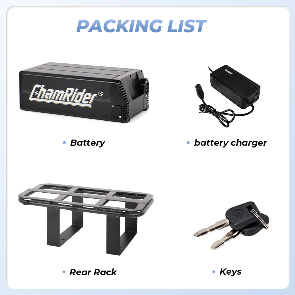 ChamRider High-Capacity 48V 36Ah Rear Rack Battery – Lightweight Polymer Cell Design, 40A BMS, Economical Extra/Spare Power for Delivery E-Bikes (13S1P)