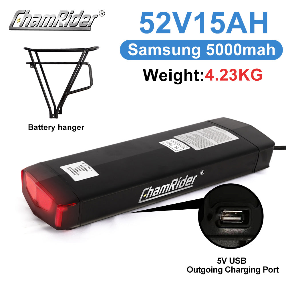 ChamRider Extended Rear Rack E-Bike Battery Model C – 36V, 48V & 52V, 15Ah & 20Ah Samsung 50G Cells, Lithium-Ion Battery Pack Compatible with Bafang Motors