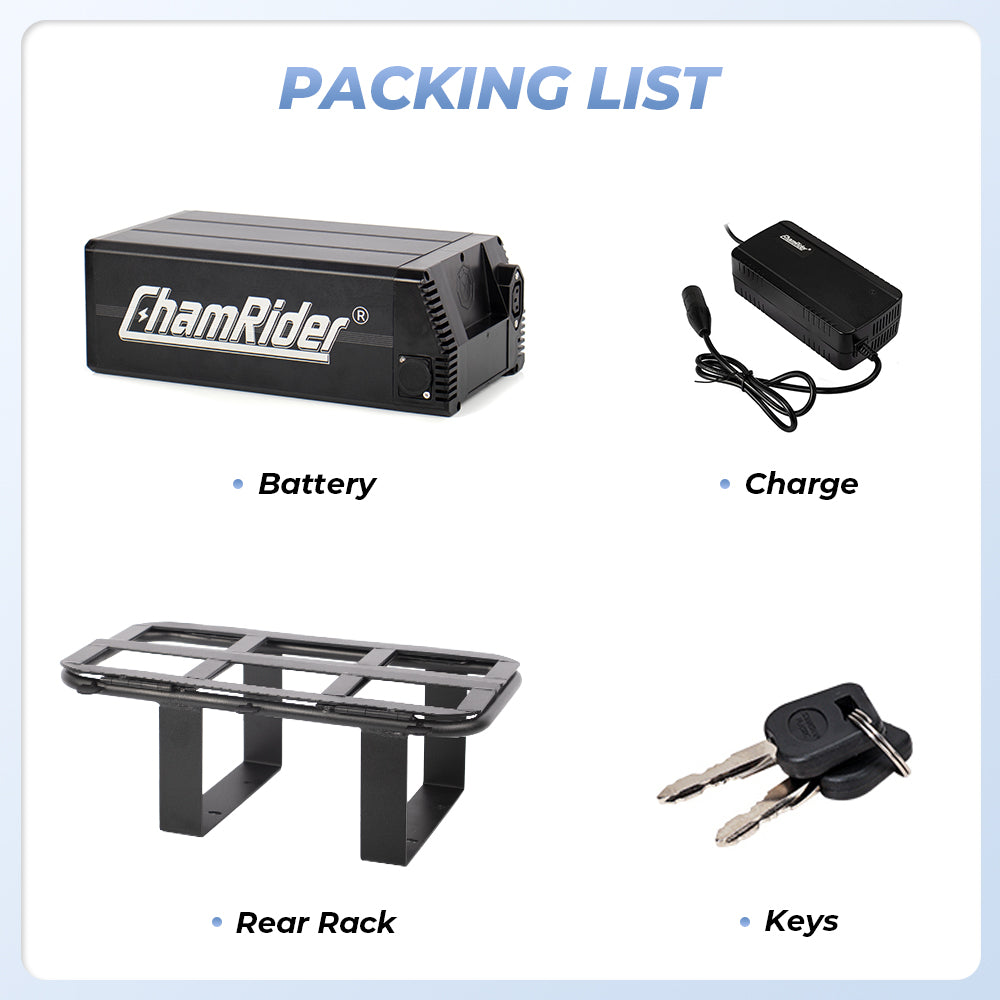 ChamRider High-Capacity 48V 36Ah Rear Rack Battery – Lightweight Polymer Cell Design, 40A BMS, Economical Extra/Spare Power for Delivery E-Bikes (13S1P)