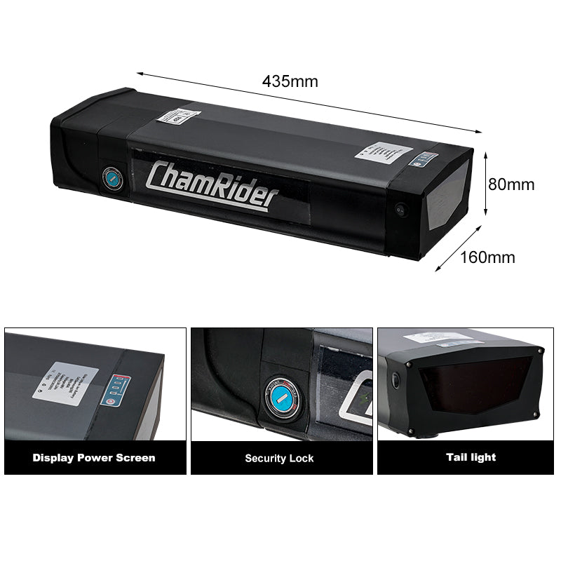 Original ChamRider Rear Rack E-Bike Battery – 36V, 48V & 52V, 25Ah-35Ah Capacity, Compatible with 300W-1500W Motors, 25A & 40A BMS, High-Performance Battery for Bafang and More.