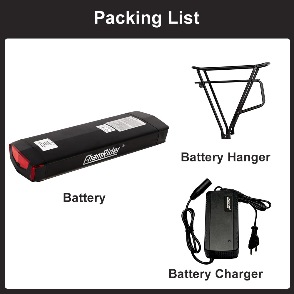 ChamRider Extended Rear Rack E-Bike Battery Model C – 36V, 48V & 52V, 15Ah & 20Ah Samsung 50G Cells, Lithium-Ion Battery Pack Compatible with Bafang Motors