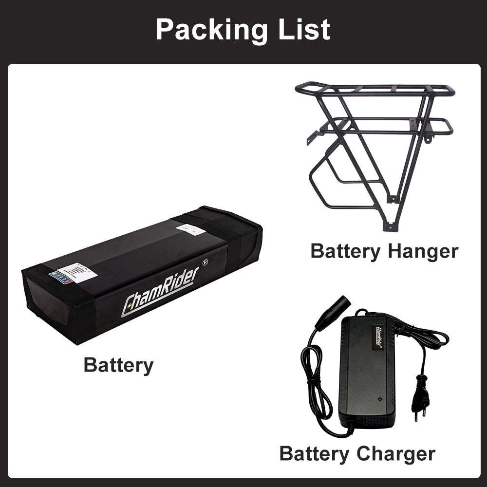 Original ChamRider Rear Rack E-Bike Battery – 36V, 48V & 52V, 25Ah-35Ah Capacity, Compatible with 300W-1500W Motors, 25A & 40A BMS, High-Performance Battery for Bafang and More.