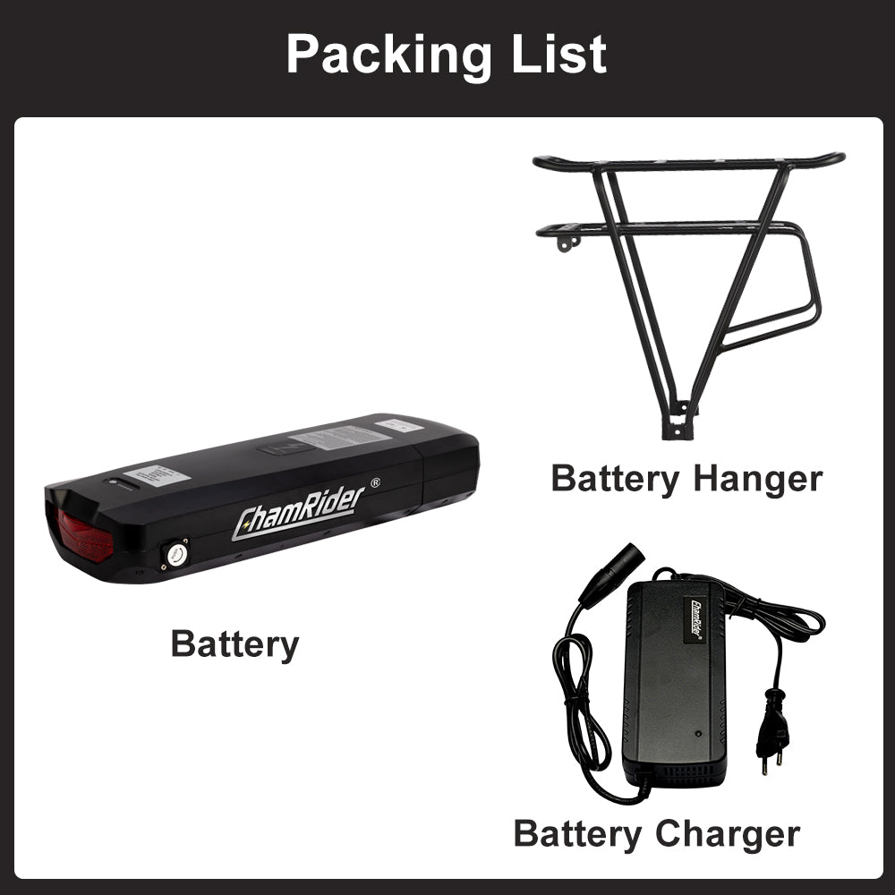 Original ChamRider Rear Rack E-Bike Battery – 36V, 48V & 52V, 25Ah-35Ah Capacity, Compatible with 300W-1500W Motors, 25A & 40A BMS, Powerful Battery for Bafang and More