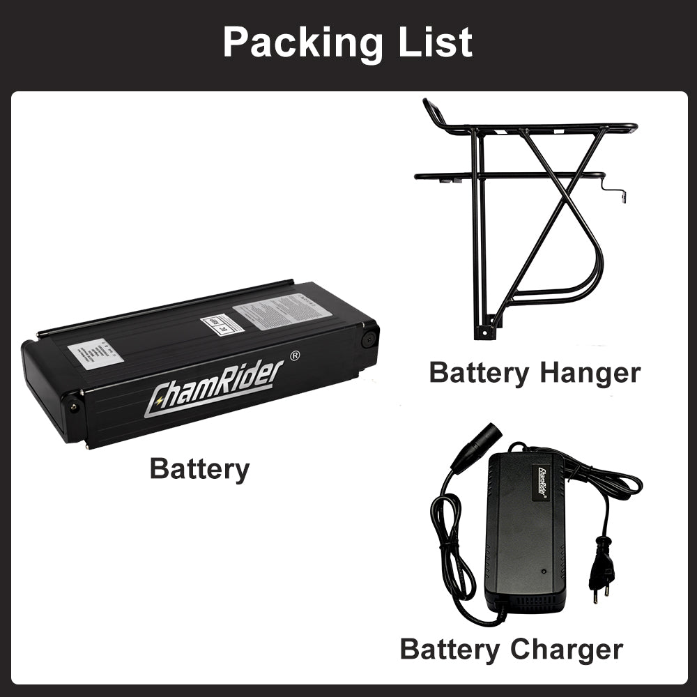 ChamRider Lightweight Rear Rack E-Bike Battery Model 106 – 36V & 48V, 20Ah & 25Ah, Compatible with 350W, 750W & 1500W Motors, 18650 & 21700 Cells, European Certified, Bafang Compatible