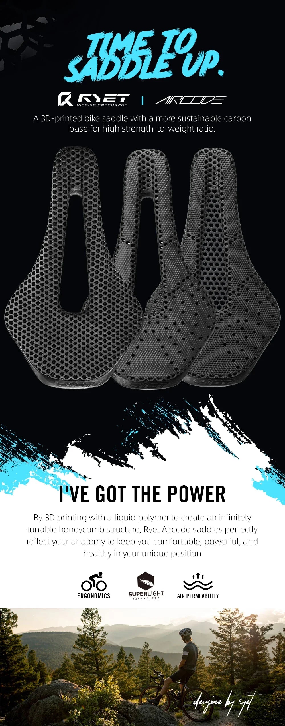 RYET 3D Printed Bicycle Saddle Ultralight Carbon Fiber Hollow Comfortable Breathable MTB Gravel Road bike Cycling Seat Parts