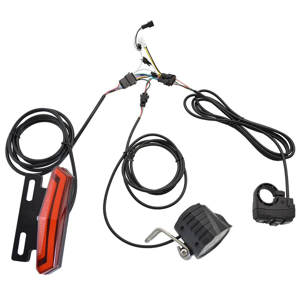 E-Bike Front and Rear Light Set – 24V/36V/48V Headlight with Horn, Tail Light with Turn Signals, Rack Mount, Switch Control, Easy Installation