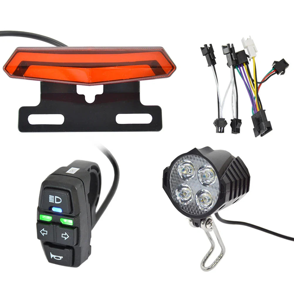 E-Bike Front and Rear Light Set – 24V/36V/48V Headlight with Horn, Tail Light with Turn Signals, Rack Mount, Switch Control, Easy Installation