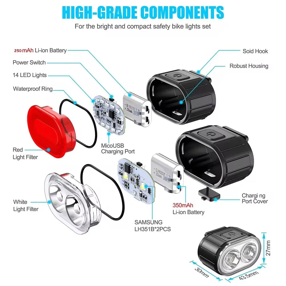 USB Rechargeable Bike Lights – Front and Rear Set for E-Bikes