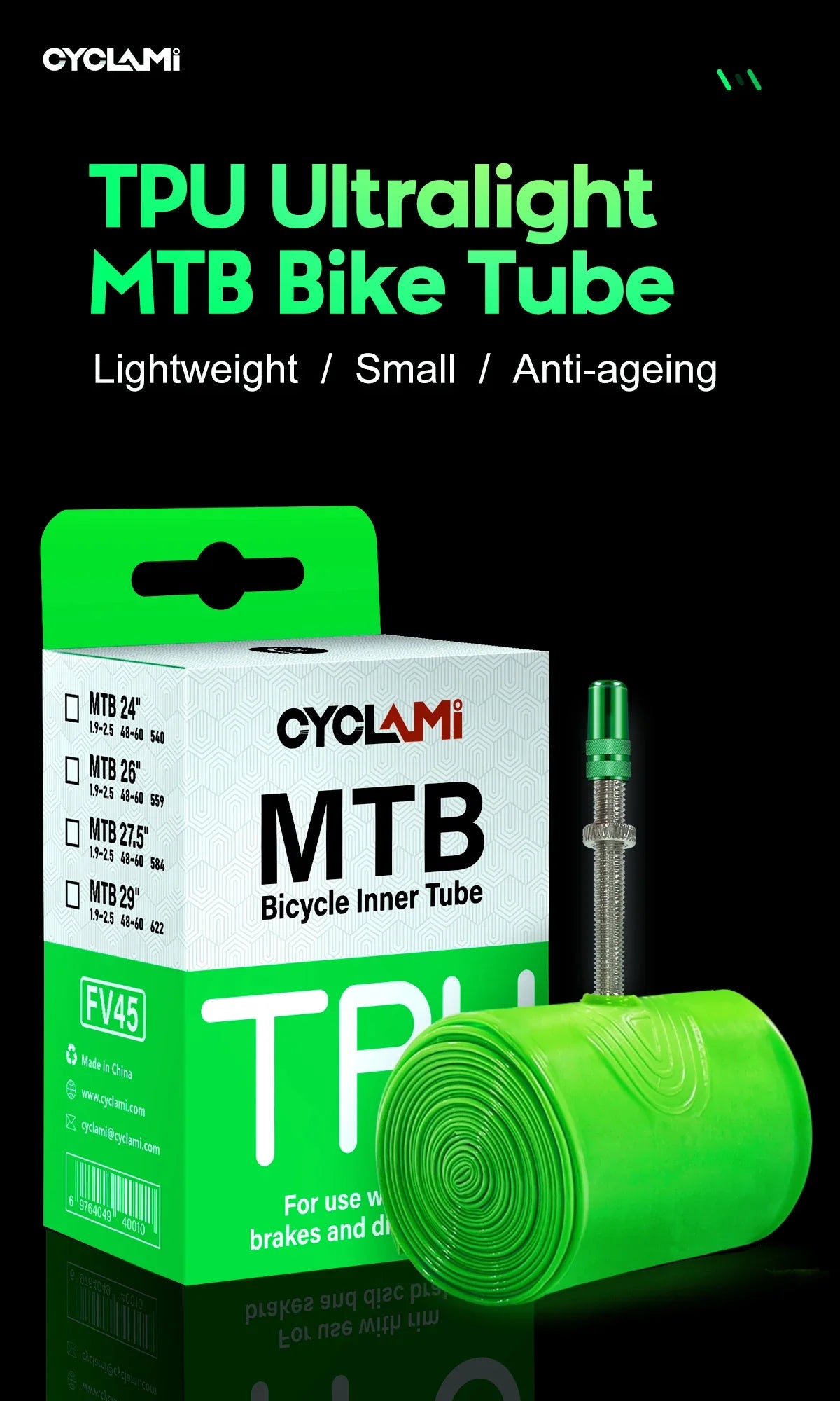 CYCLAMI Ultralight MTB Inner Tube – TPU Bicycle Tire, 26"/27.5"/29" with 45mm Metal Presta Valve, Anti-Oxidation