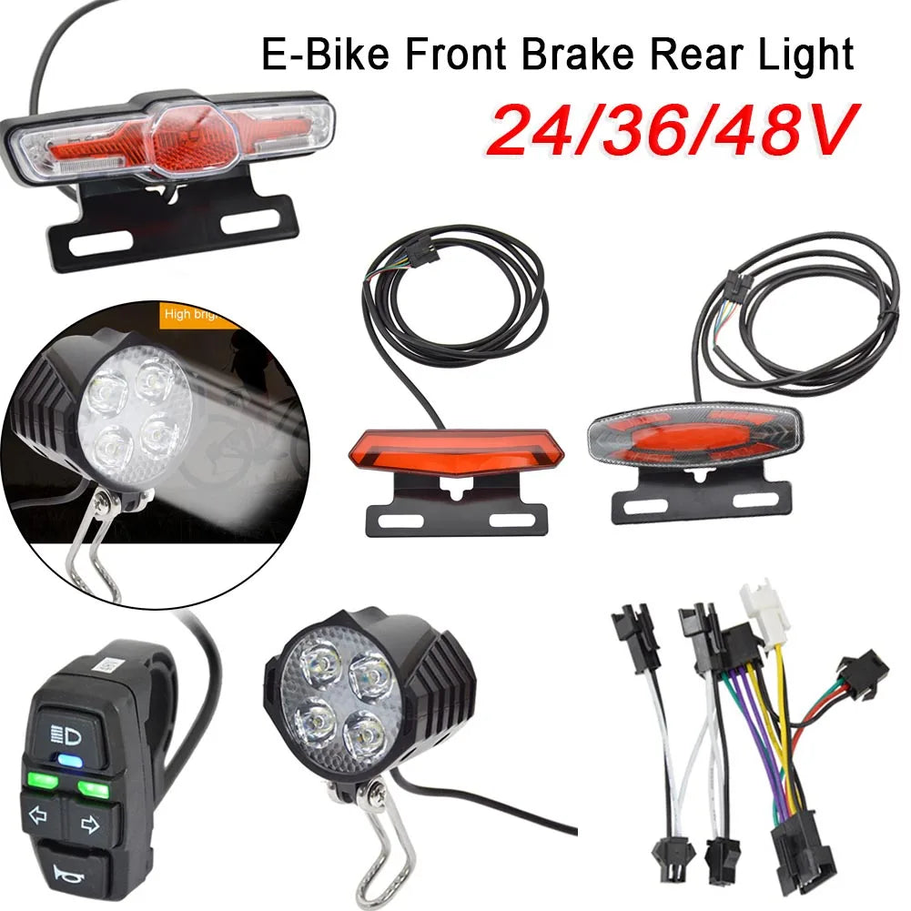 E-Bike Front and Rear Light Set – 24V/36V/48V Headlight with Horn, Tail Light with Turn Signals, Rack Mount, Switch Control, Easy Installation