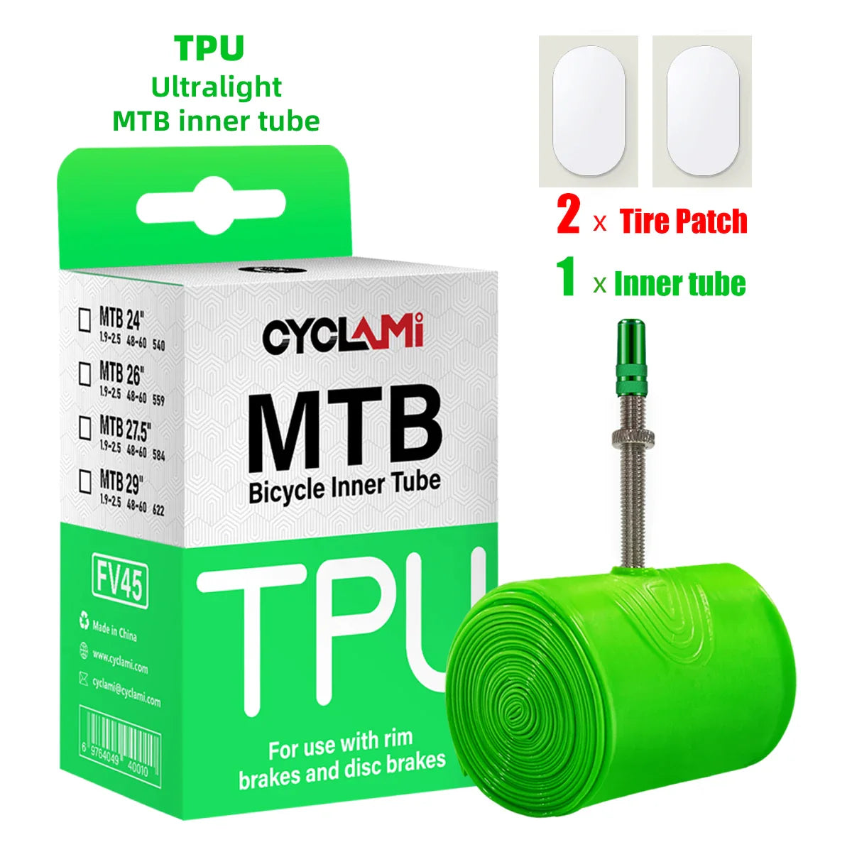 CYCLAMI Ultralight MTB Inner Tube – TPU Bicycle Tire, 26"/27.5"/29" with 45mm Metal Presta Valve, Anti-Oxidation