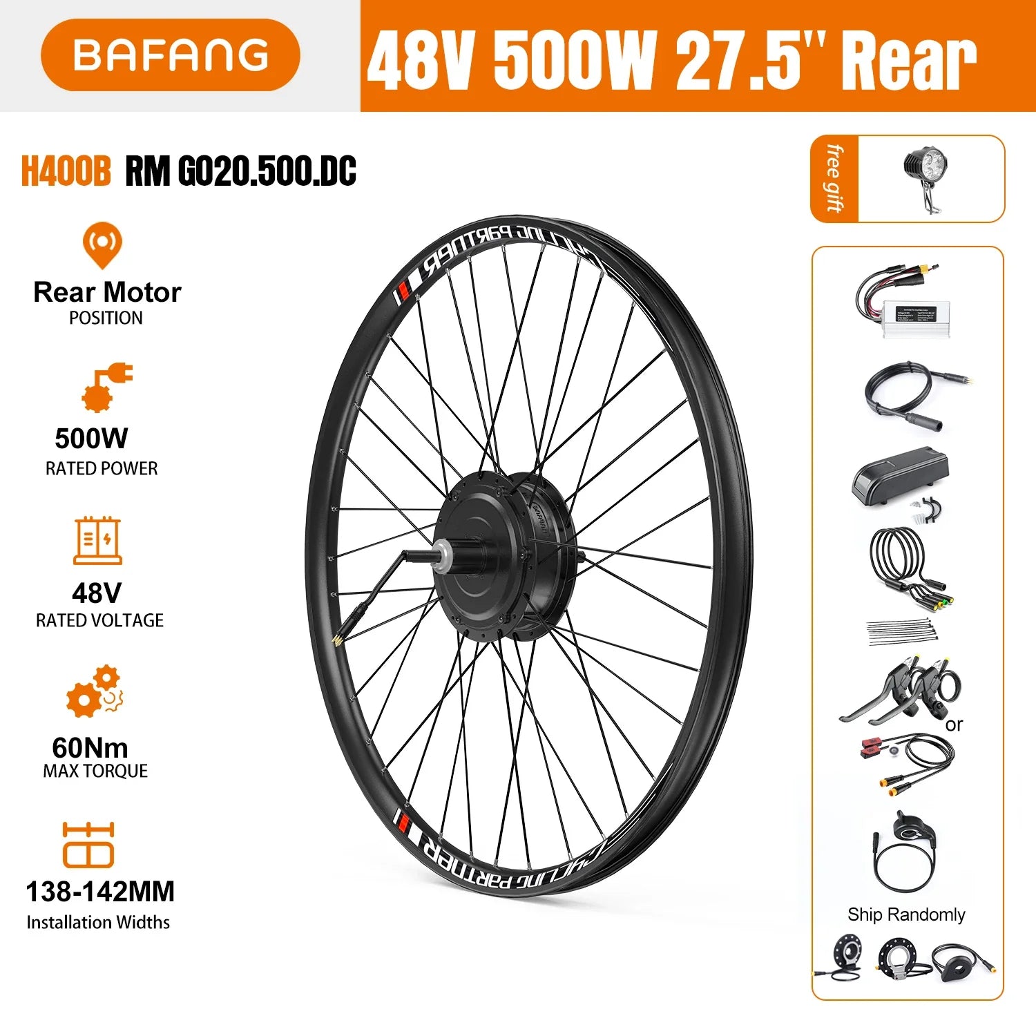 27.5" 48V 500W Rear Hub Motor Kit - Cassette Compatible E-Bike Conversion