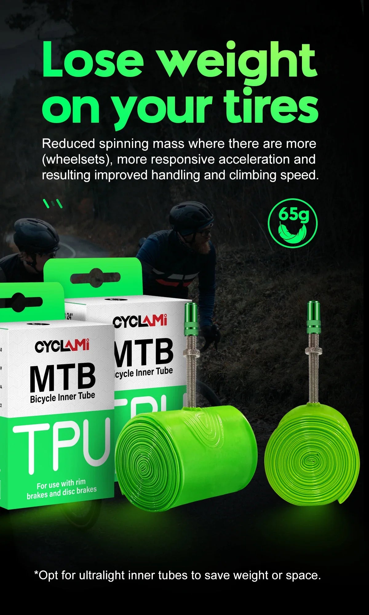 CYCLAMI Ultralight MTB Inner Tube – TPU Bicycle Tire, 26"/27.5"/29" with 45mm Metal Presta Valve, Anti-Oxidation