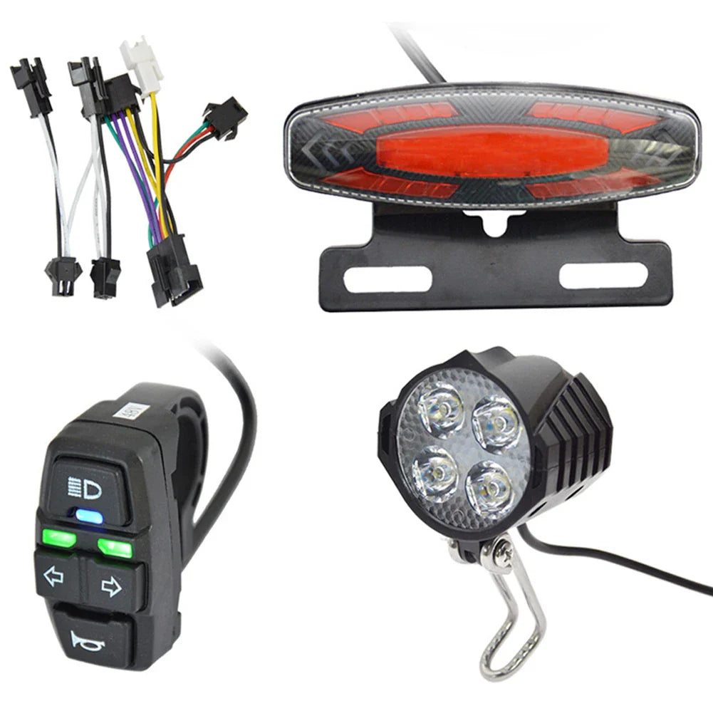E-Bike Front and Rear Light Set – 24V/36V/48V Headlight with Horn, Tail Light with Turn Signals, Rack Mount, Switch Control, Easy Installation