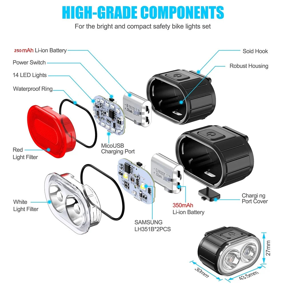 USB Rechargeable Bike Lights – Front and Rear Set for E-Bikes
