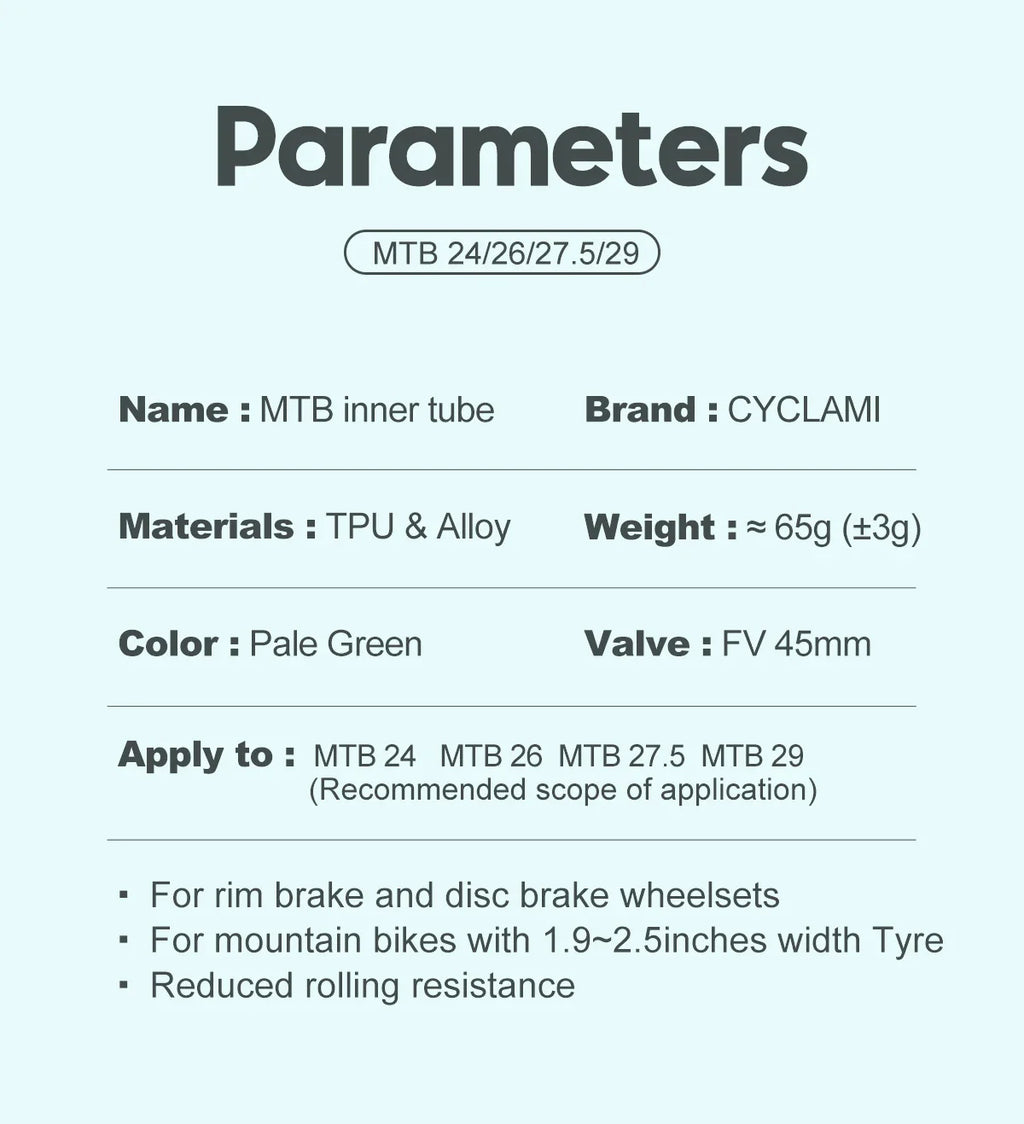 CYCLAMI Ultralight MTB Inner Tube – TPU Bicycle Tire, 26"/27.5"/29" with 45mm Metal Presta Valve, Anti-Oxidation