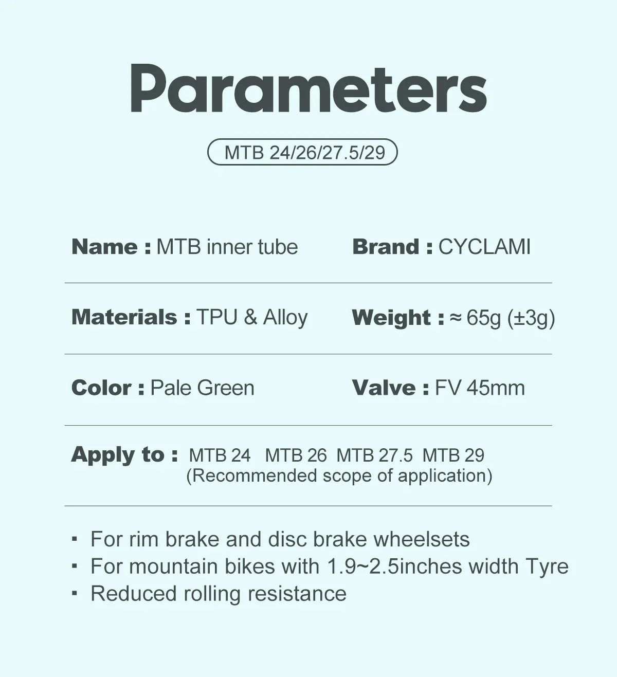 CYCLAMI Ultralight MTB Inner Tube – TPU Bicycle Tire, 26"/27.5"/29" with 45mm Metal Presta Valve, Anti-Oxidation