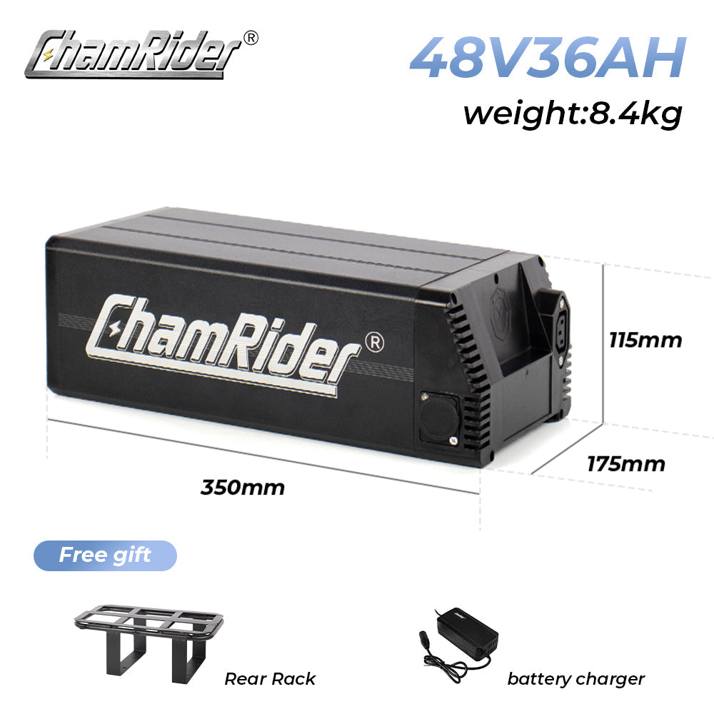 ChamRider High-Capacity 48V 36Ah Rear Rack Battery – Lightweight Polymer Cell Design, 40A BMS, Economical Extra/Spare Power for Delivery E-Bikes (13S1P)
